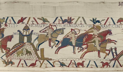 Soldaten van hertog Willem rijden langs Rennes op jacht naar hertog Conan van Bretagne, Tapijt van Bayeux